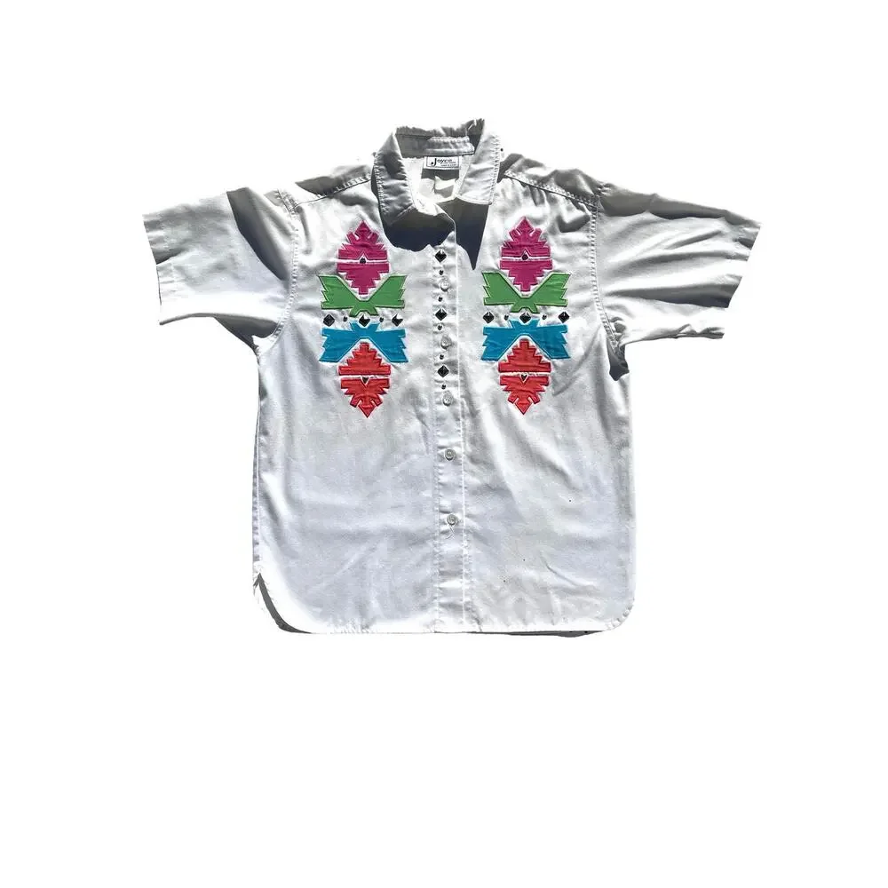 Vintage White Button Up Shirt XL Southwestern Design Studded Size XL Cowgirl
